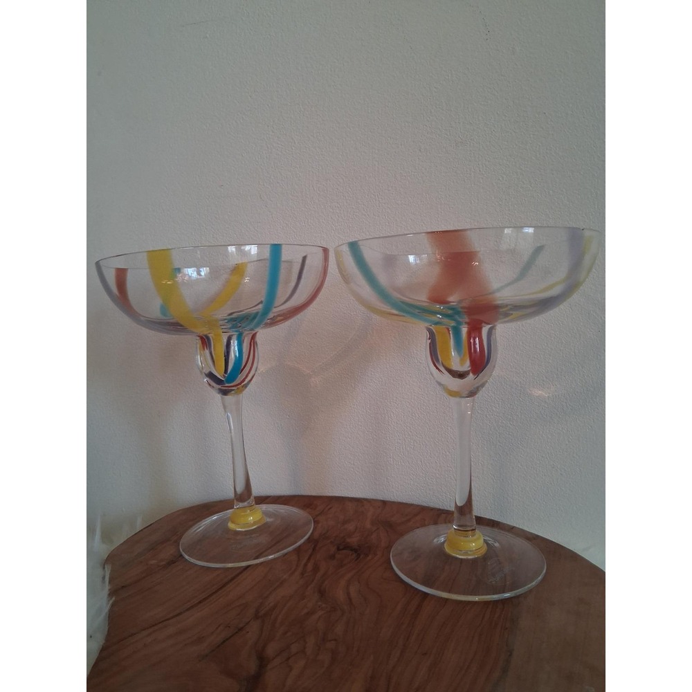 Vintage Hand Blown Margarita Glasses Colorful Swirl Art Glass Set of 2